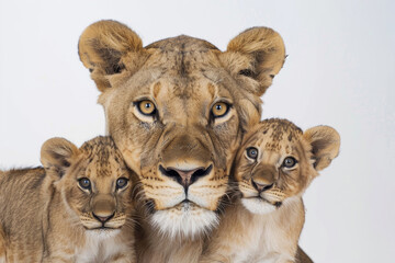 A close-up shot of a lioness and her adorable cubs against a clean white backdrop