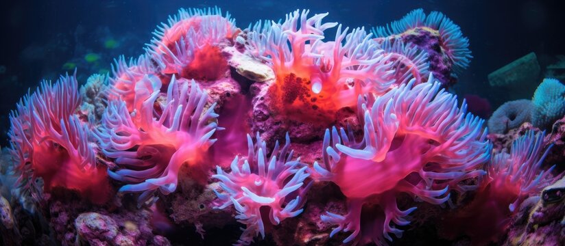 A variety of corals, including gorgeous Turbinaria coral, are thriving in the underwater reef environment. The corals show different shapes and colors, adding to the biodiversity of the marine