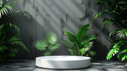 Modern round white podium in a room with tropical foliage casting dramatic shadows on a wall.