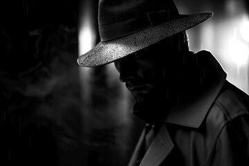 portrait of a dangerous male murderer rapist in a hat and coat at night on the street in dark - obrazy, fototapety, plakaty