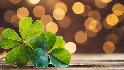 new year background banner with copy space lucky clover leaves with magical bokeh lights against beautiful brown background clover shamrock good luck - obrazy, fototapety, plakaty