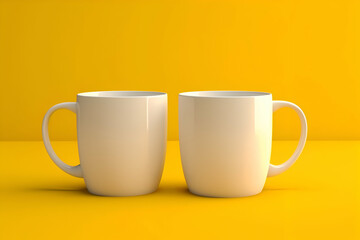 Two white coffee mugs on yellow background. 3D rendering.
