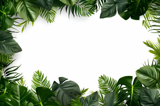 Tropical leaves on white background with copy space for text.