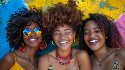 Three African women share a moment of joy, wearing vibrant traditional attire with bright headscarves. - obrazy, fototapety, plakaty