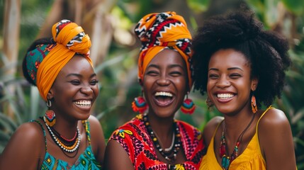 Three African women share a moment of joy, wearing vibrant traditional attire with bright headscarves. - obrazy, fototapety, plakaty