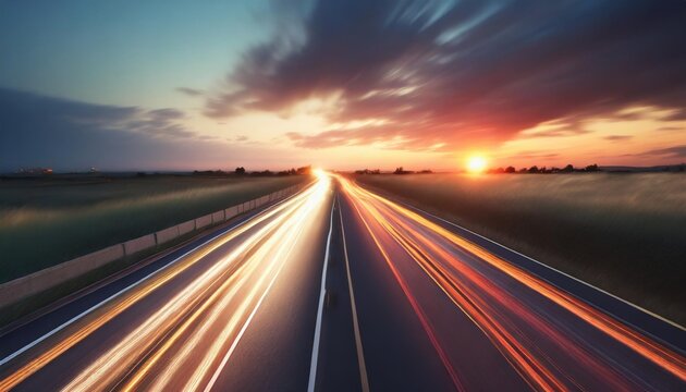 trails of cars lights on the asphalt car road sunset time with clouds and sun drive forward transport creative background long exposure motion and blur