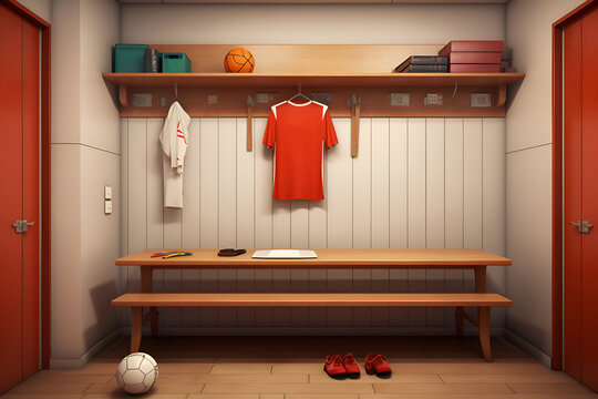 Interior of a locker room with a bench and a soccer ball