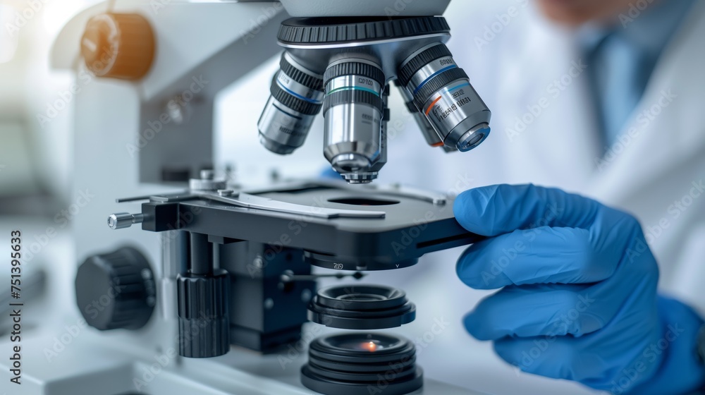 Aufkleber microscope in laboratory. close-up view of a scientist's hand adjusting a high-tech microscope for m