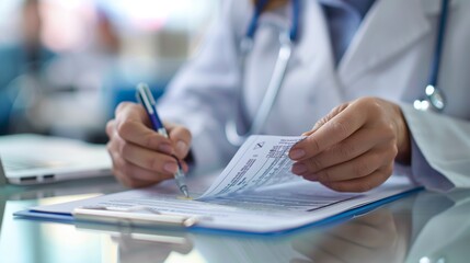 Healthcare professional meticulously reviews patient documents, ensuring accuracy and care in a medical office environment.