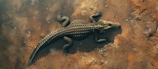 Fototapeta premium A large lizard, resembling a crocodile, lies sprawled on top of a dry and dusty dirt field. Its scaled body contrasts against the earthy tones of the ground beneath it.