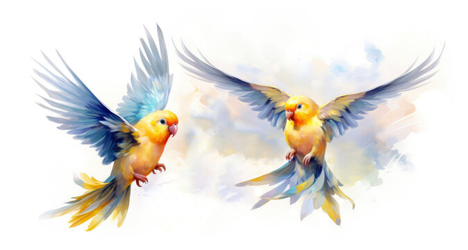 watercolor illustration two tropical birds parrot , colorful flying beautiful bird isolated on white background