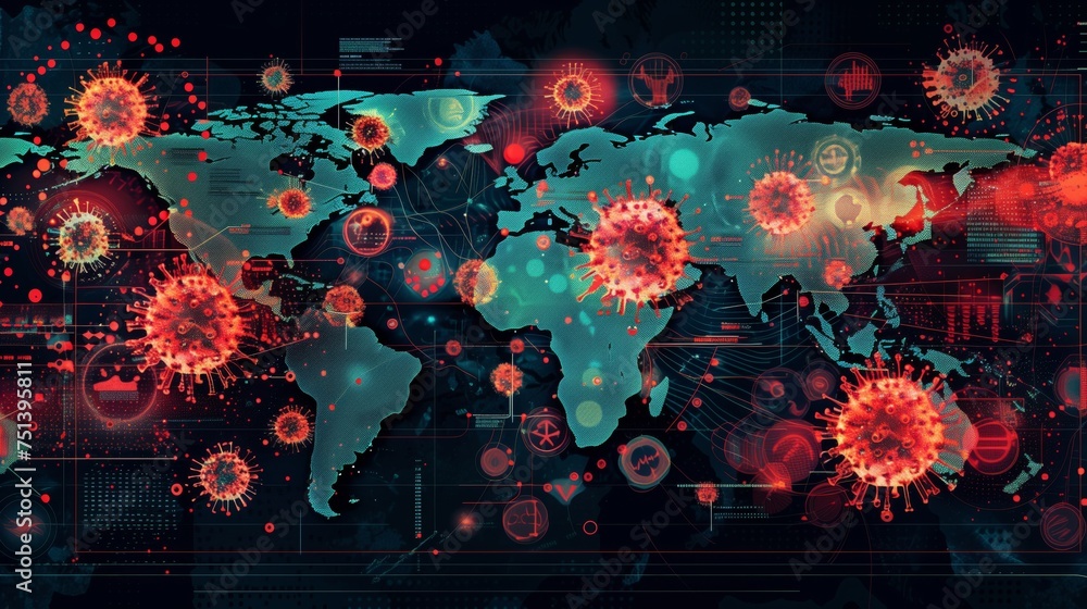 Poster virus model. artistic representation of a digital virus threat over a global network with a tech int