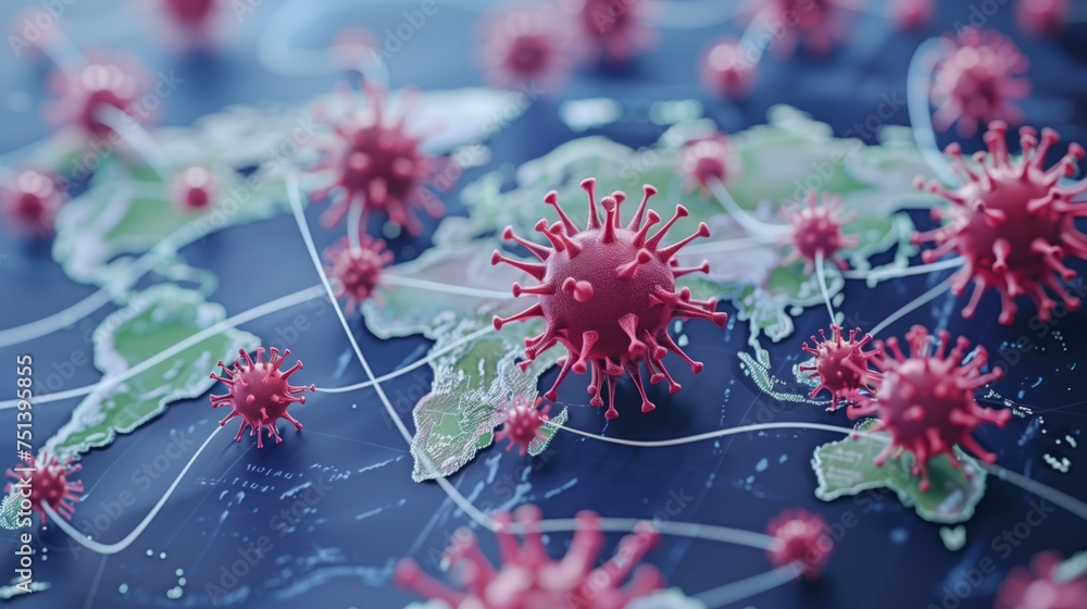 Aufkleber virus model. a conceptual visualization of a virus outbreak and its global spread highlighted on a w