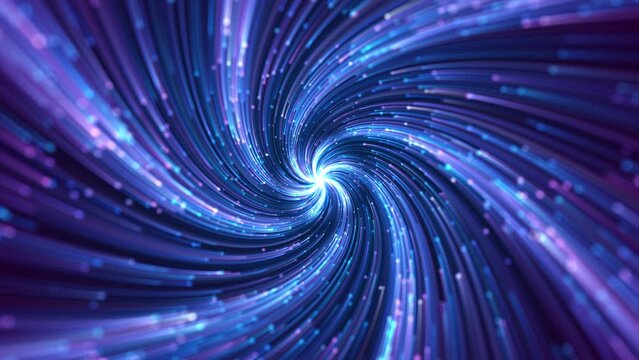Twisted lines converging into center while rotating. Blue particle light stripe rotating convergence, Galaxy space starry sky movement. 4k stage performance ceremony.