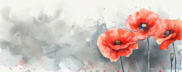 Obraz na płótnie Canvas Abstract gray watercolor paint splash with red painted poppy. Lest we forget. Remembrance day or Anzac day symbol. With copyspace for your text.