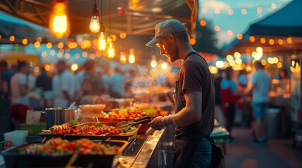 Street food vendor expertly grills assorted delicacies at a night market, surrounded by the glow of light bulbs and an eager crowd.
