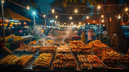 Traditional street foods line the stalls of a lively night market, creating an enticing atmosphere...