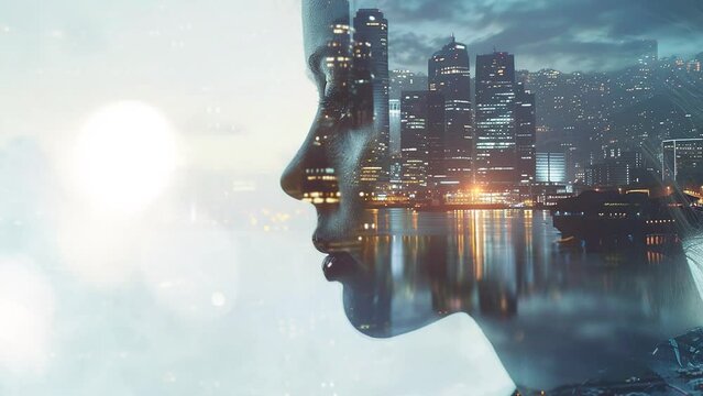 closeup of businesswoman double exposure city and bokeh. seamless looping overlay 4k virtual video animation background