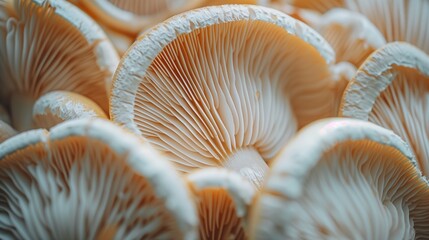 Macro shot of the delicate gills of oyster mushrooms, showcasing nature's patterns. - obrazy, fototapety, plakaty