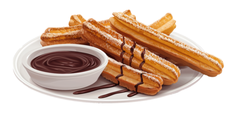 traditional Mexican churros sprinkled with cinnamon sugar and served with chocolate sauce on a white surface.