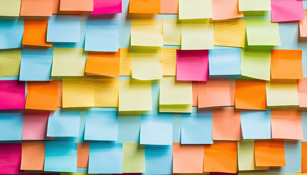 A variety of vibrant sticky notes are arranged in a structured manner on a wall, forming a Kanban system for organization and task management.