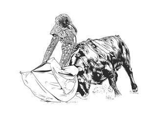 Black and white illustration of a matador skillfully maneuvering around a charging bull