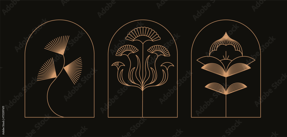 Poster Vector design elements and simple illustrations in simple linear style, packaging template and stickers, minimal designs for golden foil printing, cosmetics, cards, invitations and prints