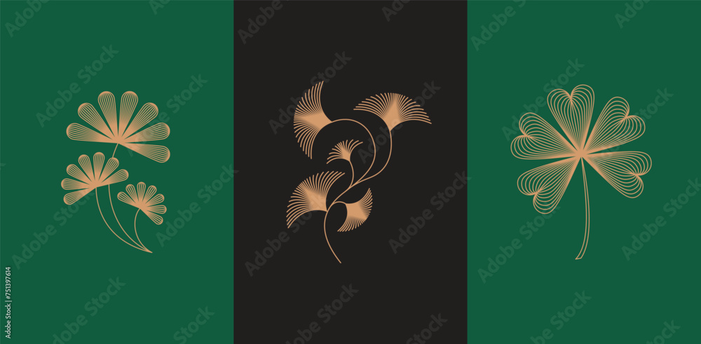 Fototapete Vector design elements and simple illustrations in simple linear style, packaging template and stickers, minimal designs for golden foil printing, cosmetics, cards, invitations and prints