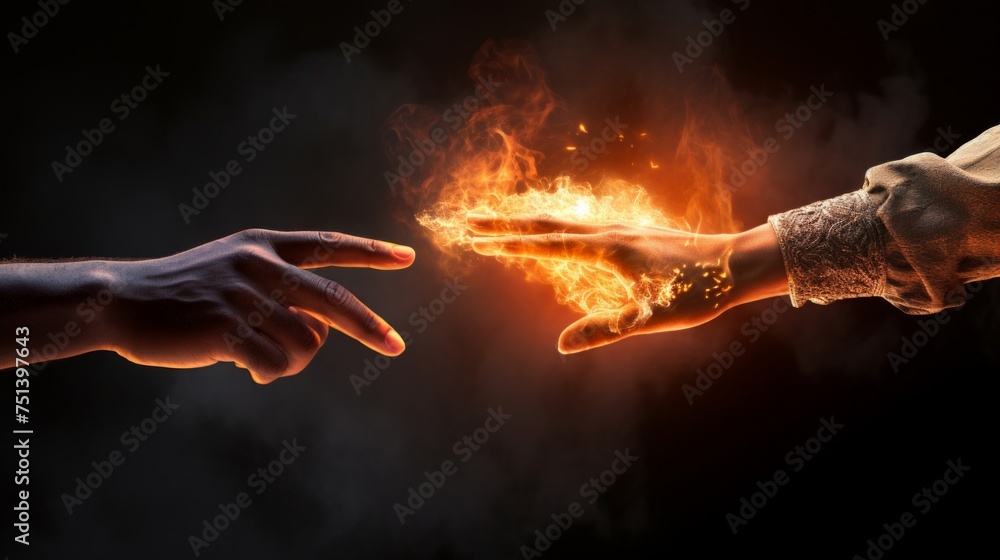 Poster conceptual image of a hand with fiery power. generative ai