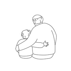 Grandfather is hugging a grandson. Back view. Vector isolated illustration in line art style.