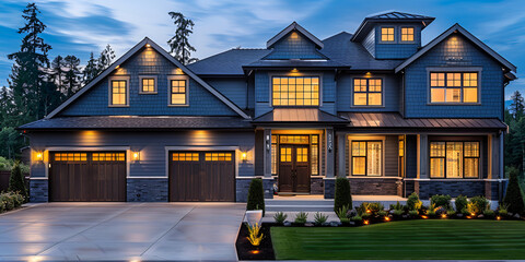At twilight a luxurious home exterior in beautiful modern farmhouse style Luxurious dark navy craftsman house, automated lighting, yard with elegant water fountain and symmetrical shrubbery.
  - obrazy, fototapety, plakaty