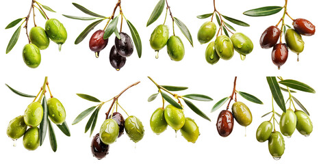Set of olive branches with ripe and delicious olives, cut out