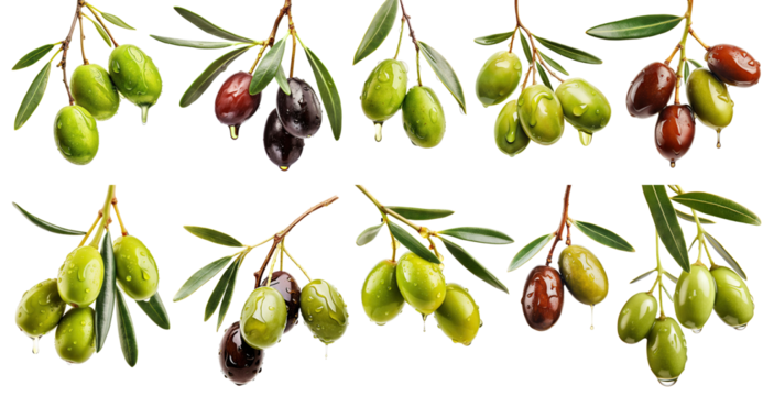Set of olive branches with ripe and delicious olives, cut out