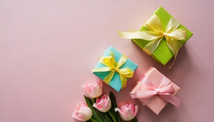 top view concept photo of woman s day composition gift boxes with bows ribbon flowers on isolated pastel background with copyspace for text
