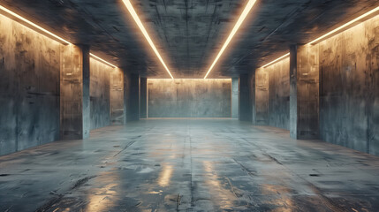 A desolate and modern concrete underground parking lot illuminated by linear LED lights.