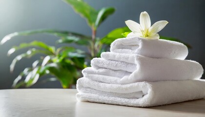 a stack of folded white towels on a table