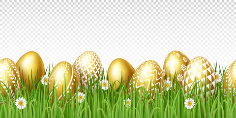 Happy Easter seamless border with realistic golden easter eggs, green grass and chamomile on transparent background. Template Easter banner.