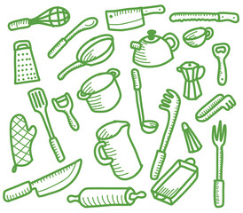 Kitchen doodle vector illustration flat design green line art