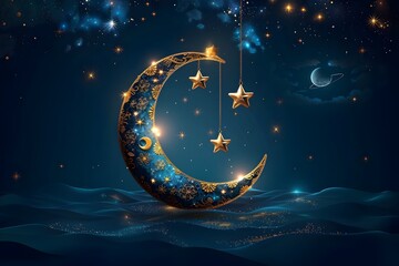 Obraz na płótnie Canvas Islamic Crescent Shining Amongst Stars and Water, To provide a visually appealing and culturally relevant image for use in a variety of contexts,