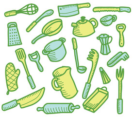 Kitchen doodle vector illustration flat design green and yellow
