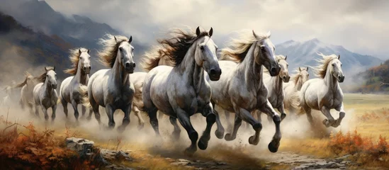 Fotobehang A group of majestic white horses are seen running energetically across a vast open field. The horses are galloping freely, their powerful strides creating a captivating sight as they move together in © pngking