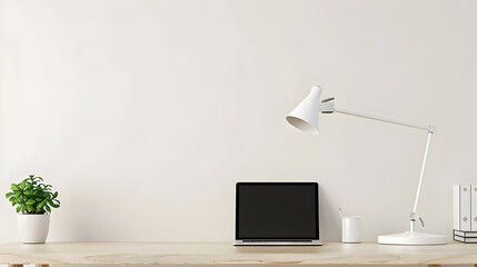 Minimalist Office Desk Setup with Computer and Lamp, To convey a message of focus, productivity, and simplicity in a modern office or home office