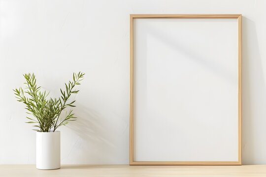 Minimalist Japanese Style White Frame and Plant on Wooden Desk, This image showcases a minimalist Japanese style with a white picture frame and a