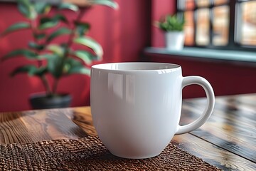 White Coffee Mug on Table in Crimson Style, To provide a high-quality, visually appealing image of a simple, everyday object for use in commercial or