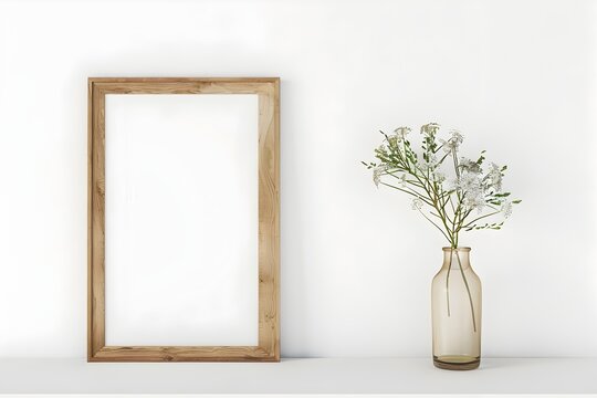 Wooden Frame and Fresh Flowers on a Table, To provide a sleek and stylish stock photo for use in modern and minimalist design projects, such as home