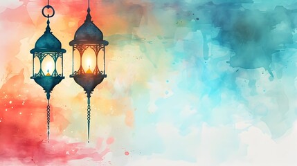 Two Watercolor Ramadan Lanterns on an Abstract Background in the Style of Islamic Art and Architecture