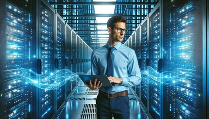 Tech professional in data center with laptop among servers and flowing digital data streams in a futuristic setting - obrazy, fototapety, plakaty