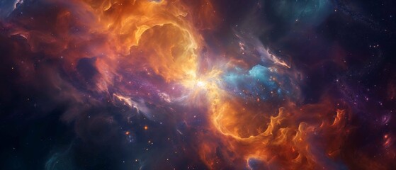 Vibrant cosmic nebula illustration depicting a supernova's energy in oranges, blues, and purples