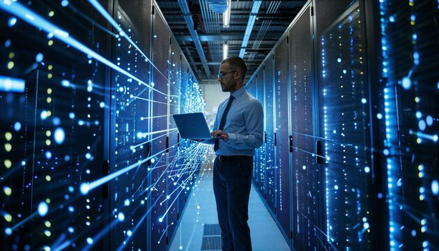 Futuristic data center operations: male it professional analyzing data streams in a high-tech server room environment