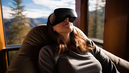 A woman seated on a chair, wearing a blindfold, engaging in a psychological virtual reality experience